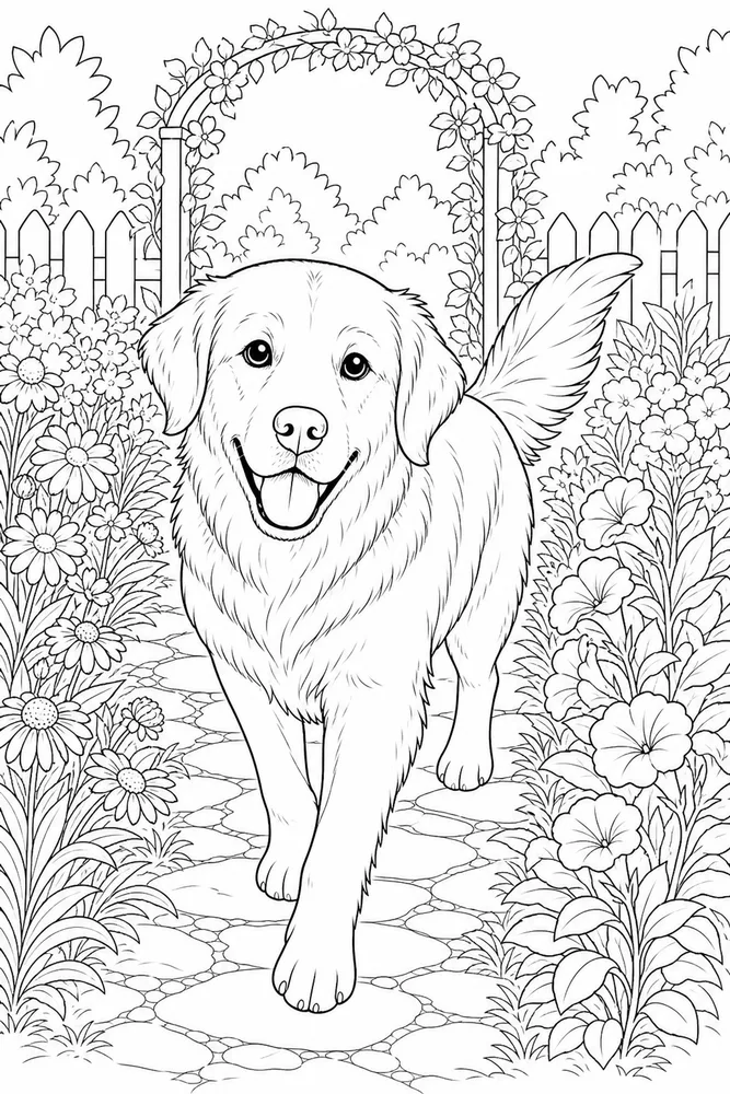 Realistic Dog Garden Path printable dog coloring page for kids