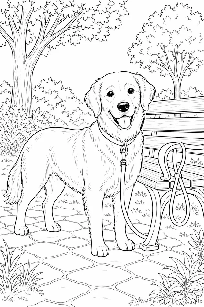 Realistic Dog Park Bench printable dog coloring page for kids