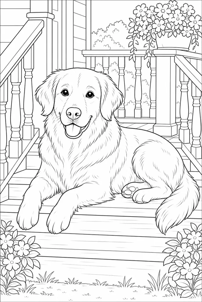 Realistic Dog Porch Steps printable dog coloring page for kids