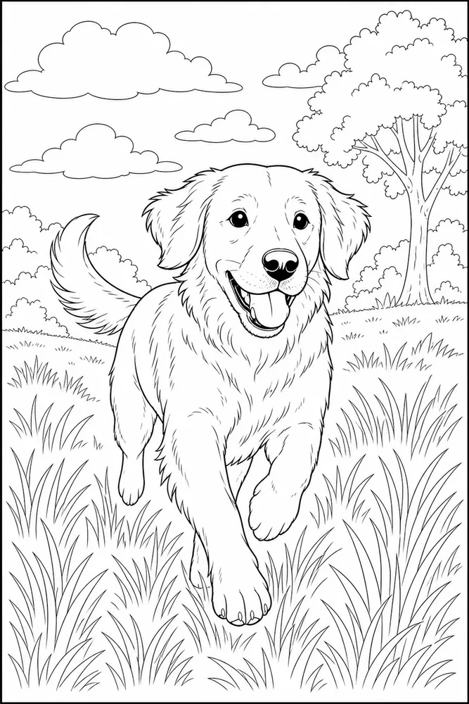 Realistic Dog Running Grass printable dog coloring page for kids