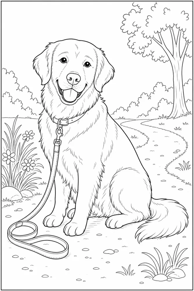 Realistic Dog With Leash printable dog coloring page for kids