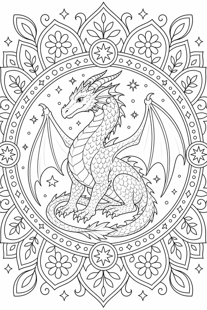 Adult Dragon Balanced Mandala Frame coloring page