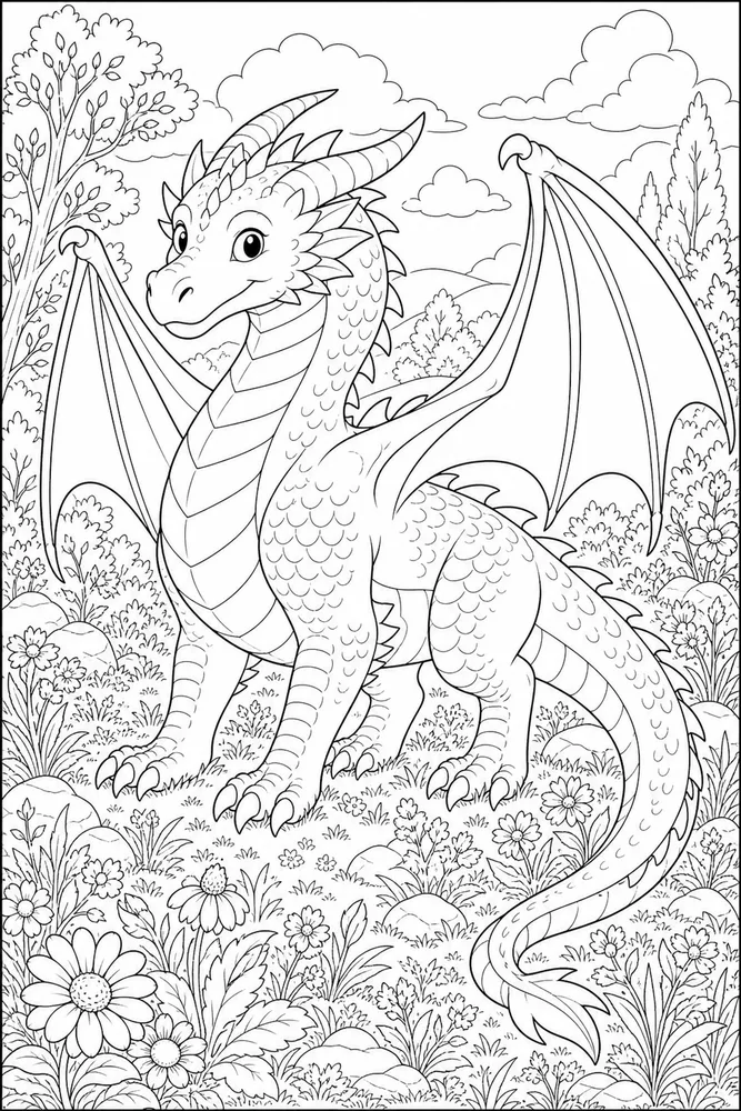 Adult Dragon Detailed Meadow coloring page