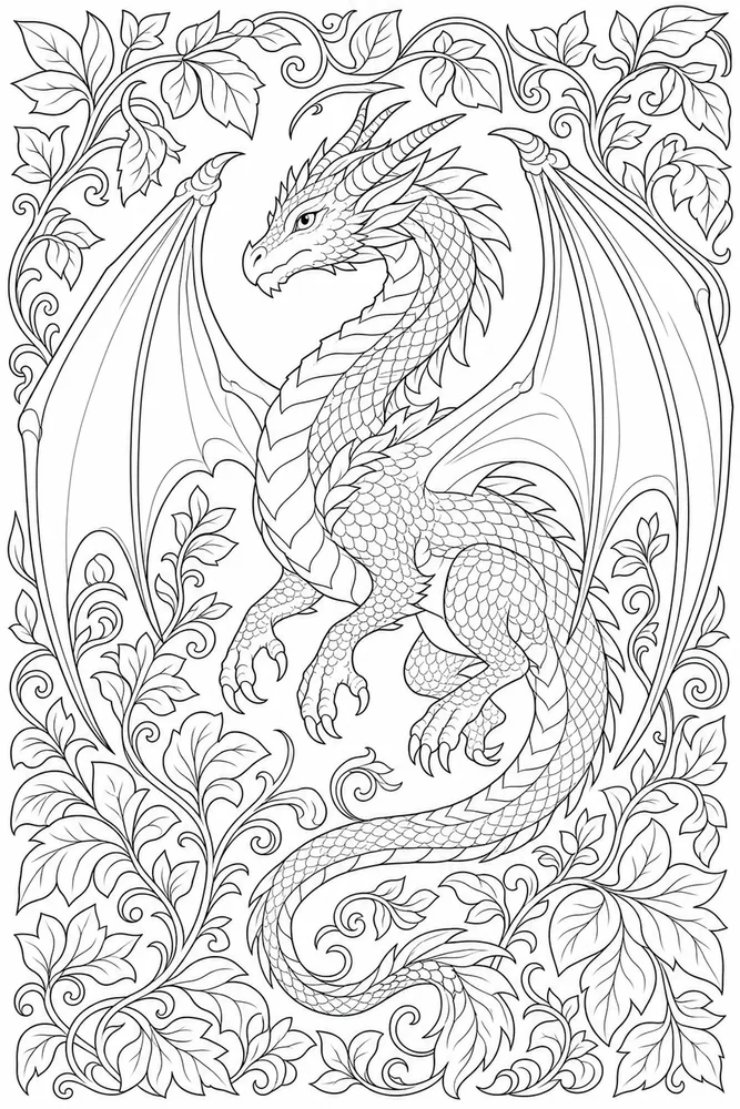 Adult Dragon Intricate Leaves coloring page