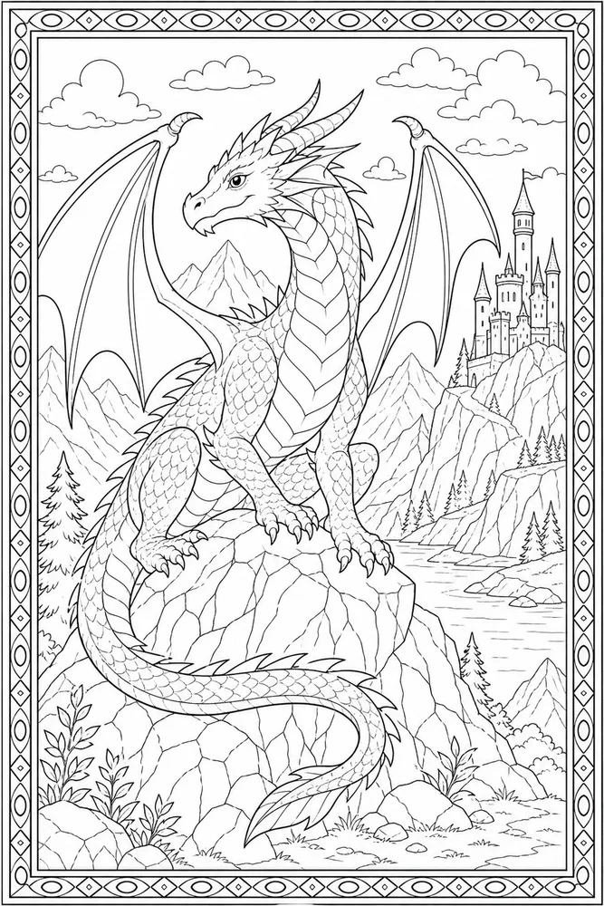 Adult Dragon Line Pattern Border coloring page