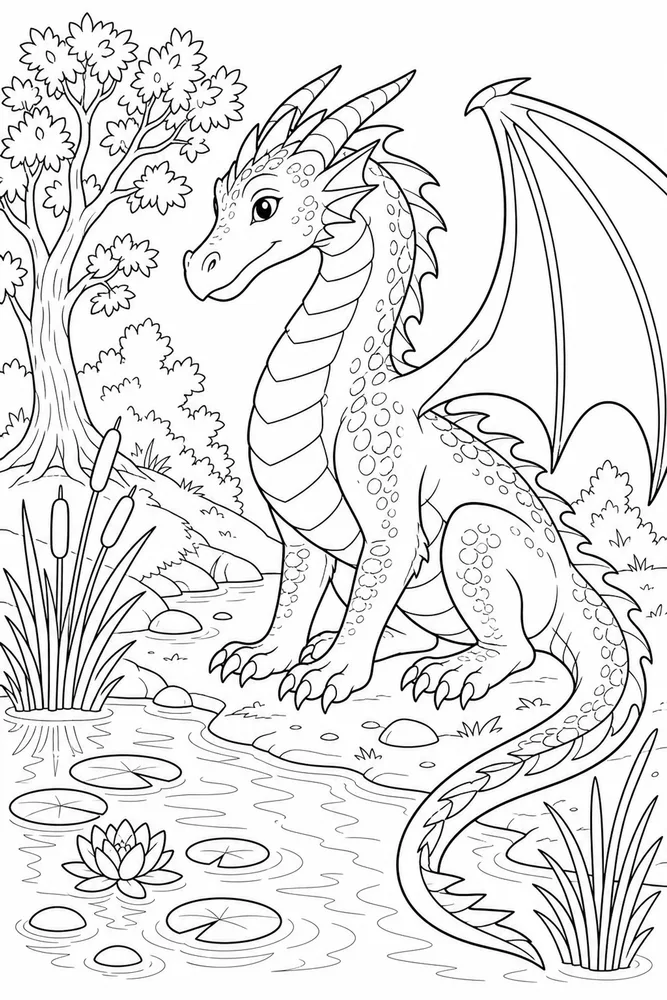 Adult Dragon Quiet Pond coloring page