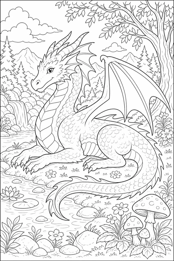 Adult Dragon Relaxing Nature Scene coloring page