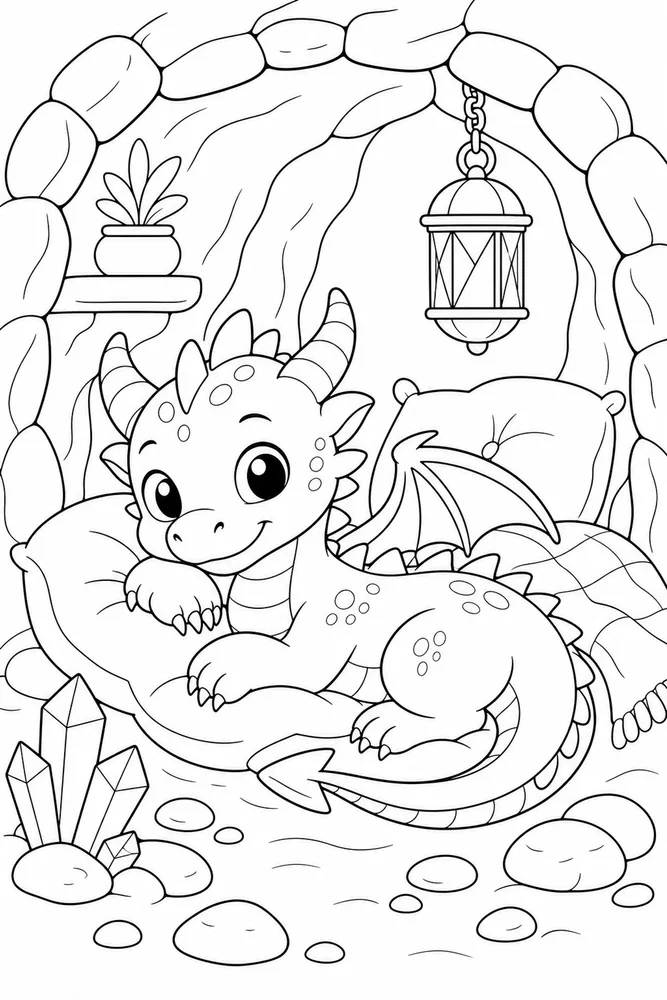 Baby Dragon Cozy Den printable coloring page preview with clean line art.