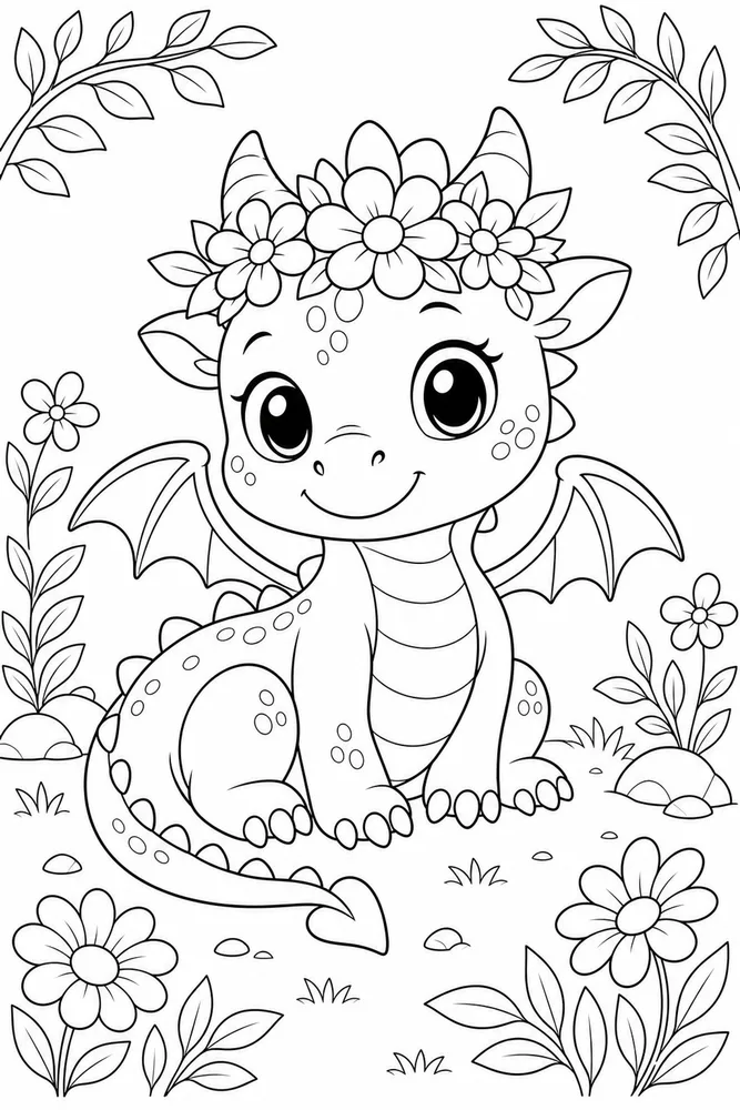 Baby Dragon Flower Crown coloring page