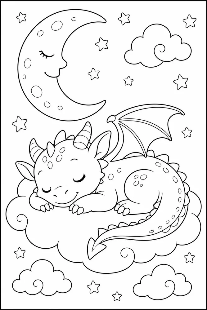 Baby Dragon Sleepy Moon coloring page