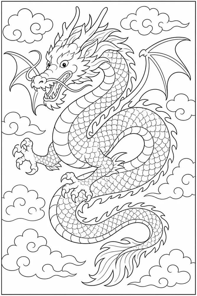 Chinese Dragon Curved Body Portrait coloring page