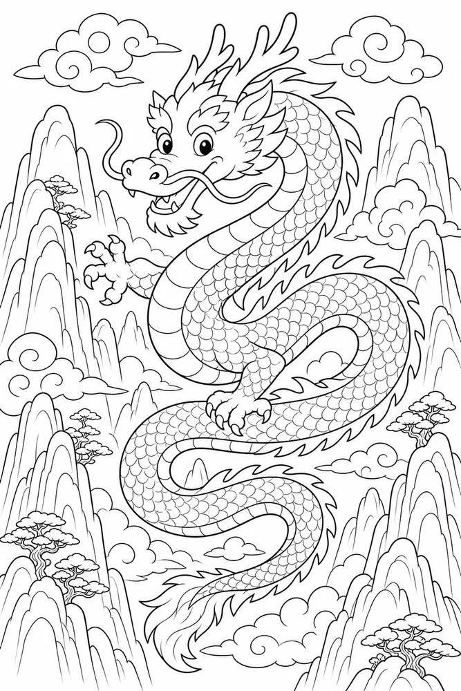 Chinese Dragon Mountain Cloud coloring page