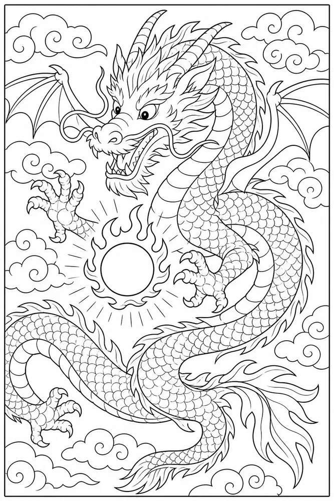 Chinese Dragon Pearl Motif coloring page