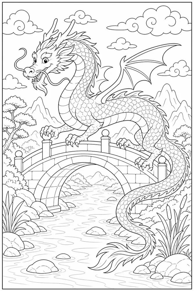 Chinese Dragon River Bridge coloring page