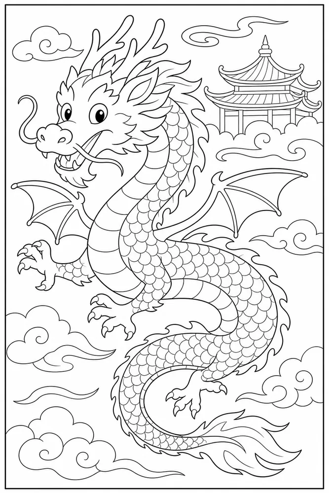 Chinese Dragon Temple Roof Distance coloring page
