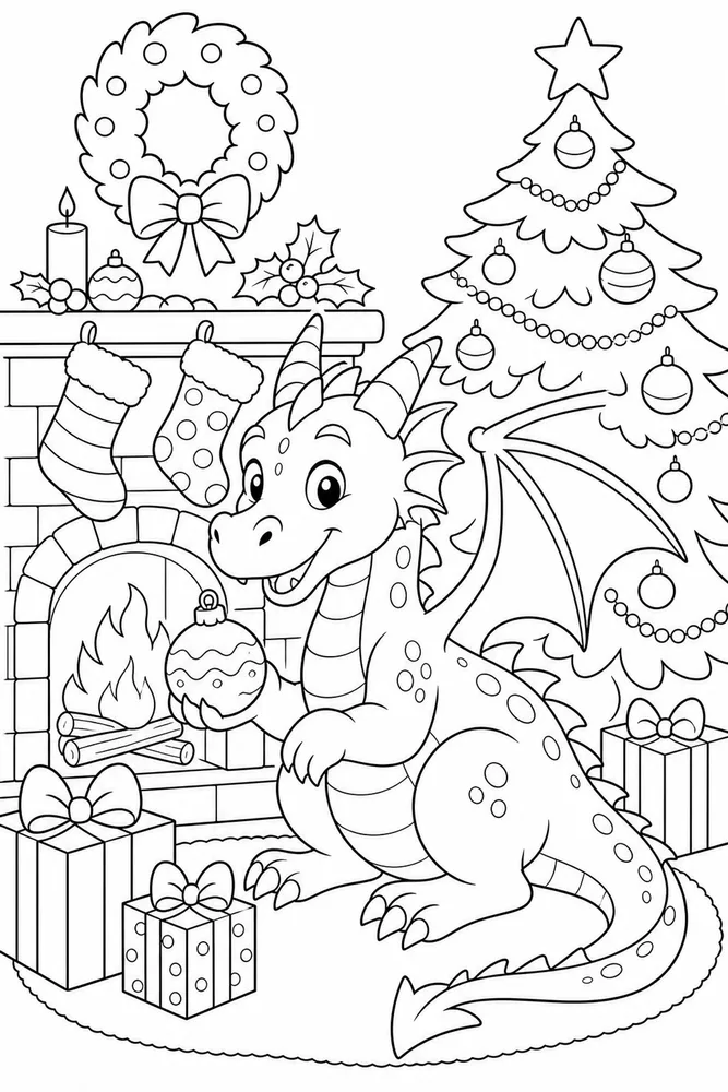Christmas Dragon Fireplace Without Text coloring page