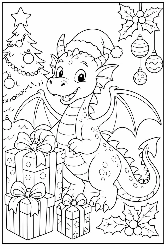 Christmas Dragon Gift Boxes Without Text coloring page