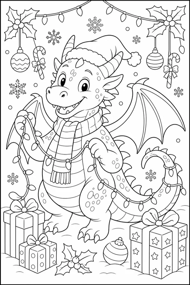 Christmas Dragon Holiday Lights As Outlines coloring page
