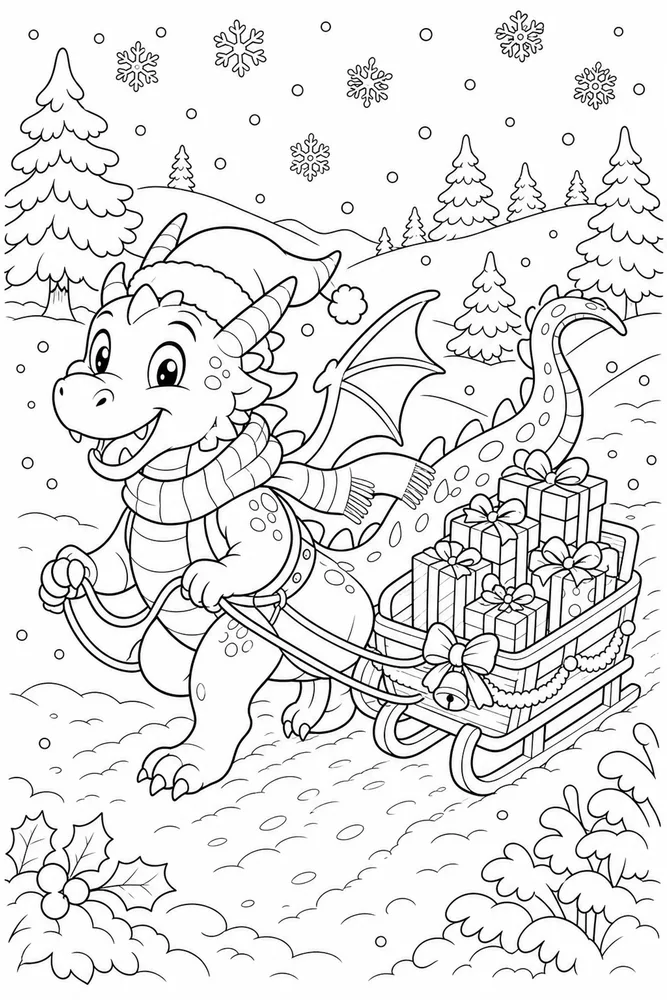 Christmas Dragon Sled Scene coloring page