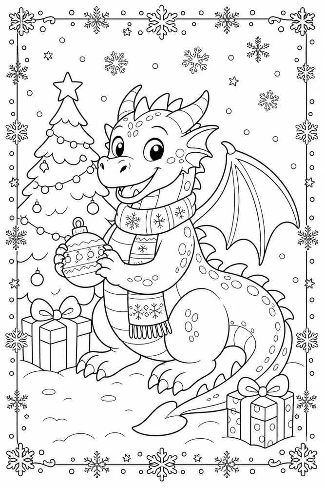 Christmas Dragon Snowflake Border coloring page