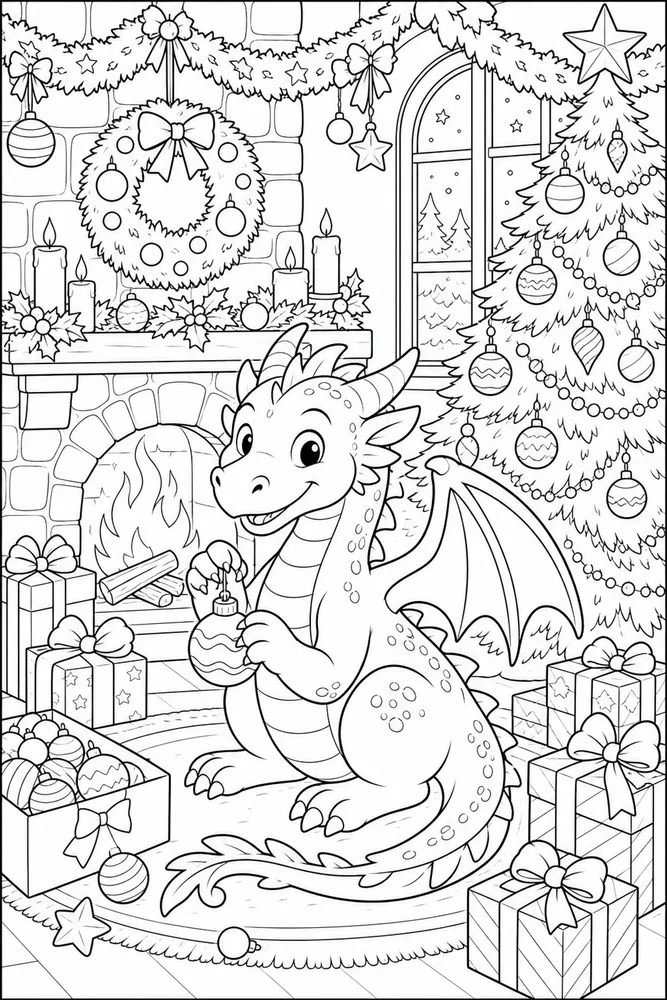 Christmas Dragon Stocking Free Cozy Scene coloring page
