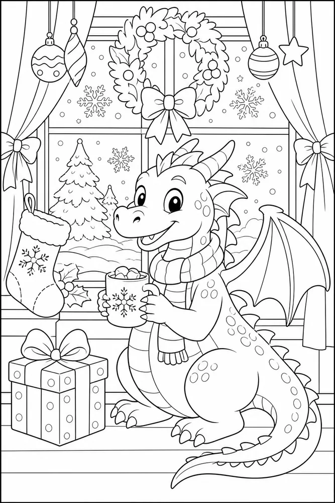 Christmas Dragon Winter Window coloring page