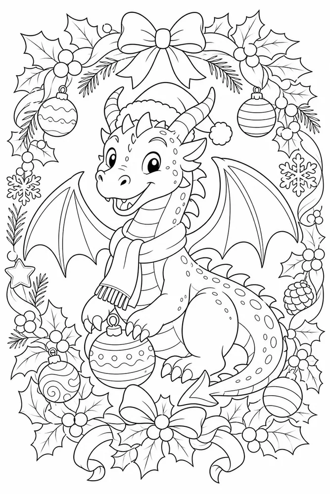 Christmas Dragon Wreath Frame coloring page