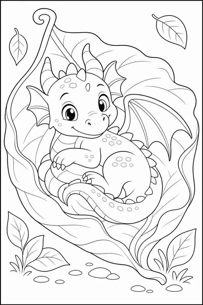 Cute Dragon Cozy Leaf coloring page