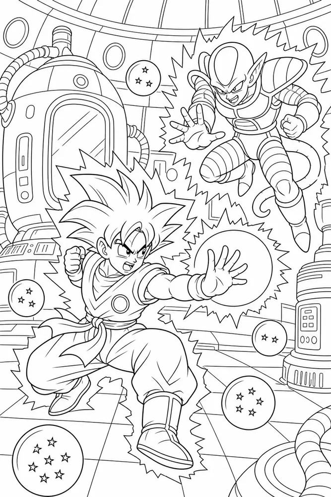 Dragon Ball Z Capsule-style Sci-fi Pod Scene printable coloring page
