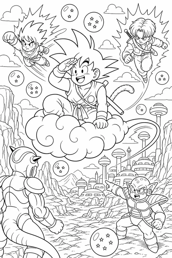 Dragon Ball Z Flying Cloud Travel Scene printable coloring page