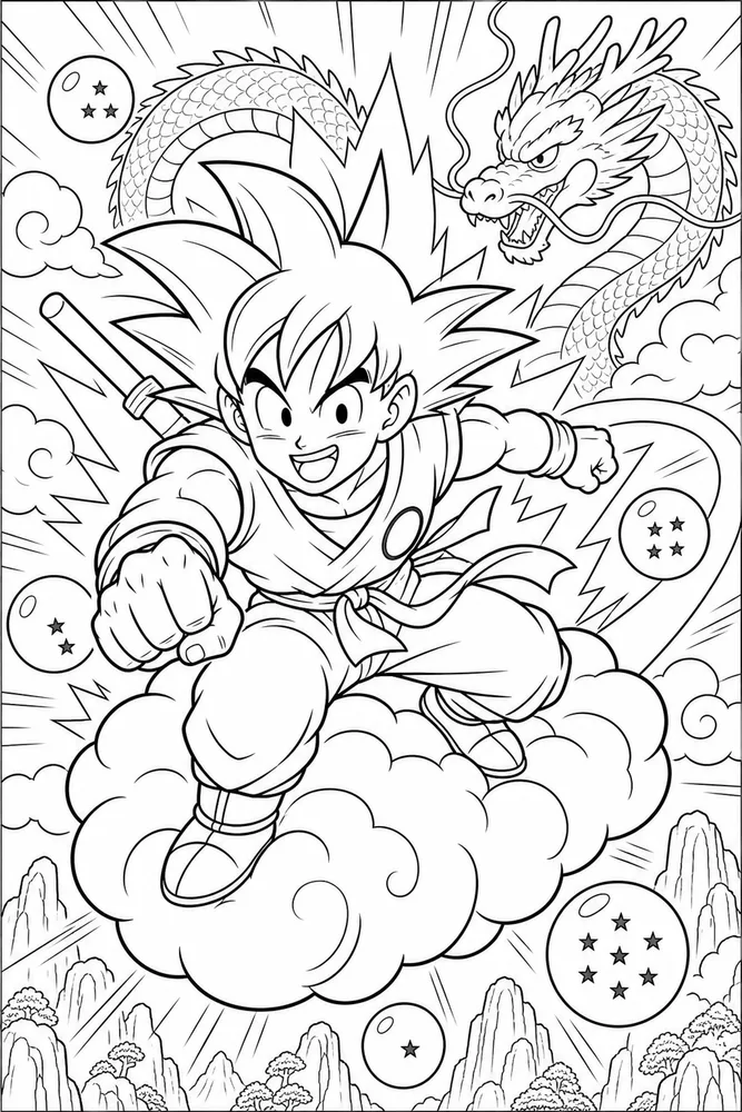 Dragon Ball Z Goku Cloud Travel Scene printable coloring page