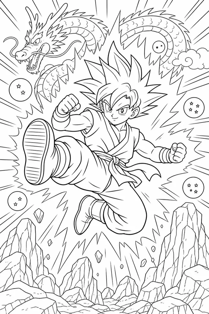 Dragon Ball Z Goku Flying Kick Action Scene printable coloring page