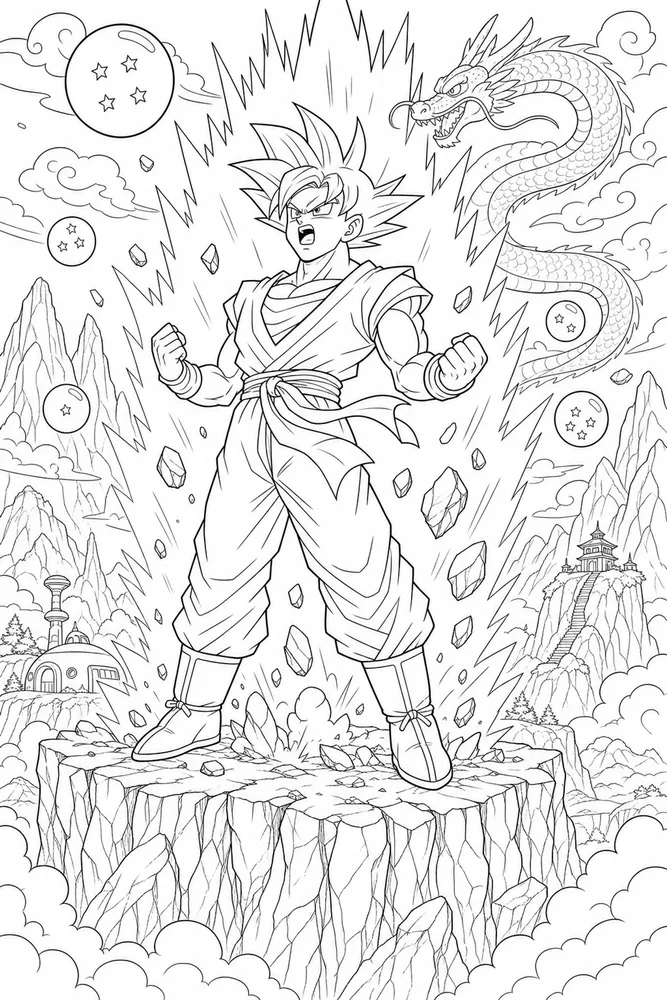 Dragon Ball Z Goku Mountain Cliff Power Up printable coloring page