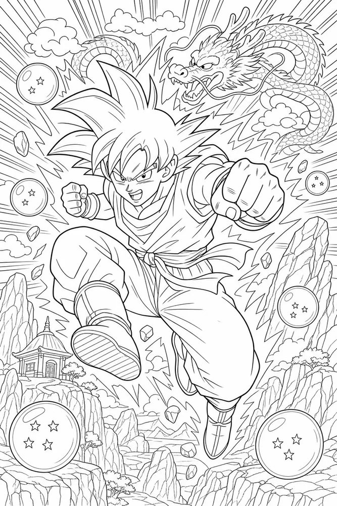 Dragon Ball Z Goku Speed Lines Action Panel printable coloring page
