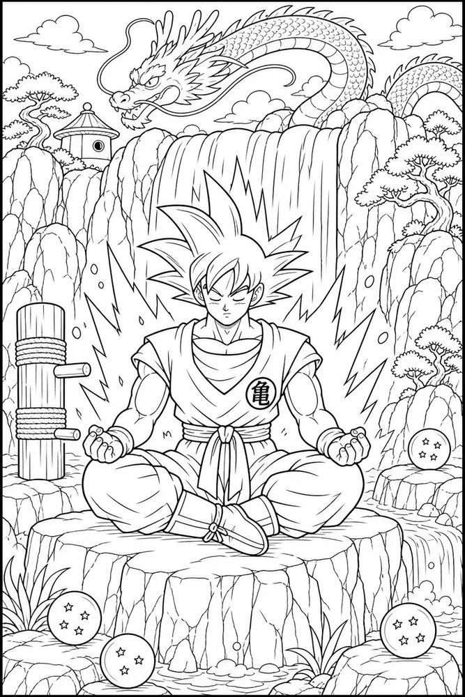 Dragon Ball Z Goku Waterfall Meditation Fighter printable coloring page