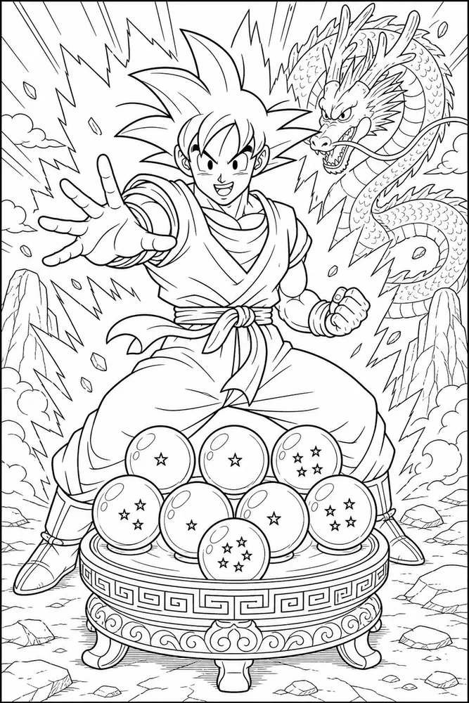Dragon Ball Z Goku Wish Spheres Display With Hero printable coloring page