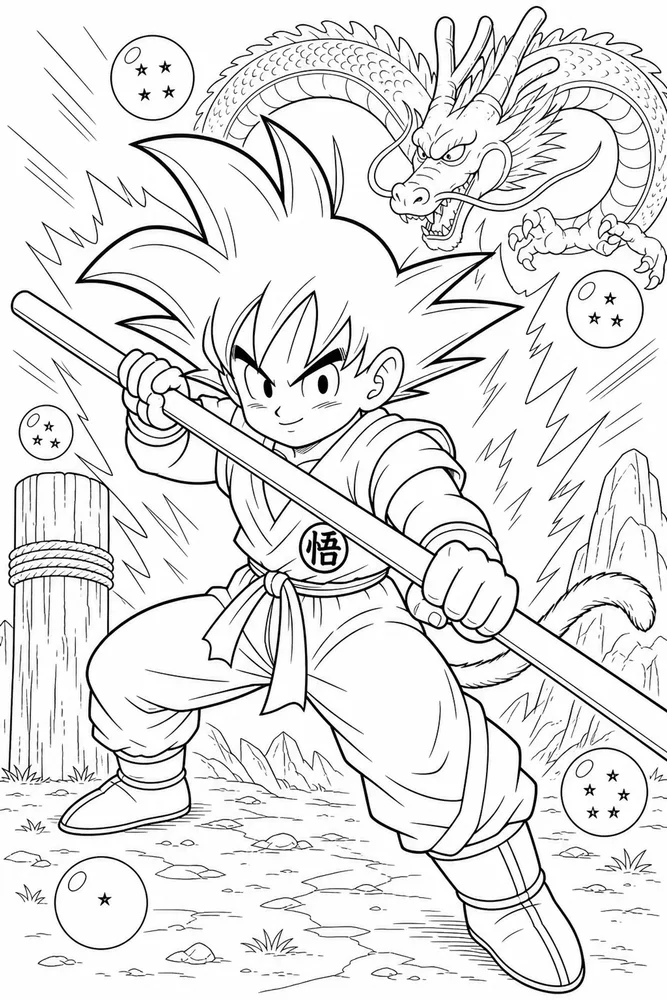 Dragon Ball Z Goku Young Hero Staff Practice printable coloring page