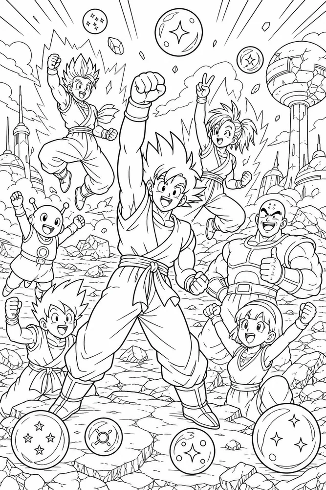 Dragon Ball Z Group Celebration After Battle printable coloring page