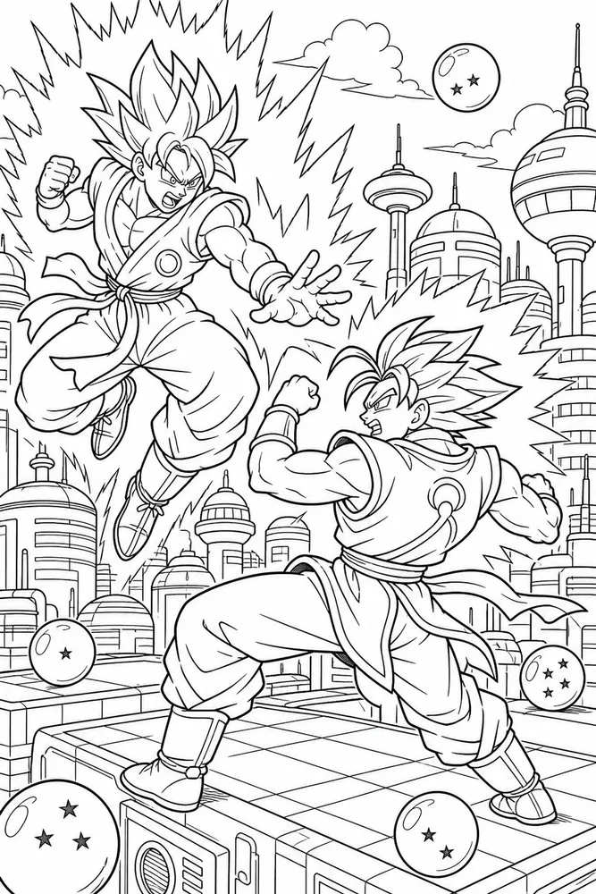 Dragon Ball Z Sci-fi City Rooftop Fight printable coloring page