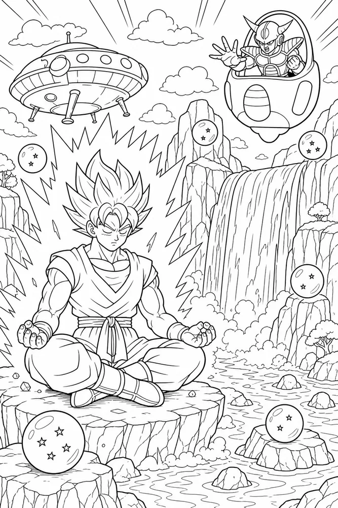 Dragon Ball Z Waterfall Meditation Fighter printable coloring page