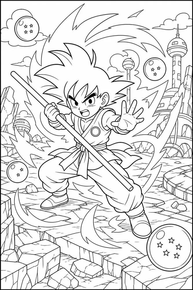 Dragon Ball Z Young Hero With Staff printable coloring page