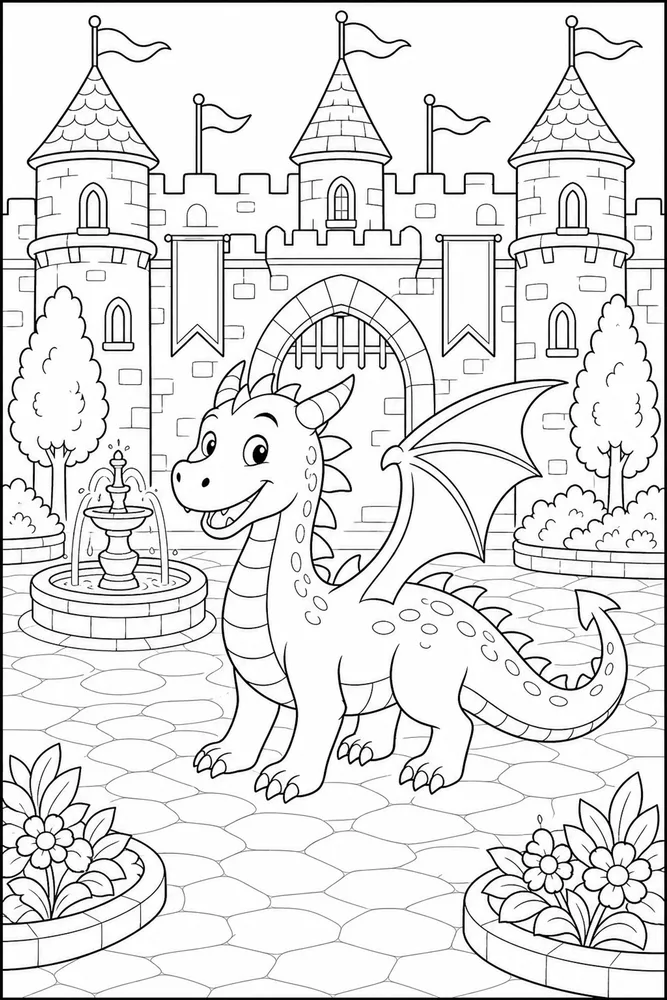 Dragon Castle Courtyard Scene coloring page