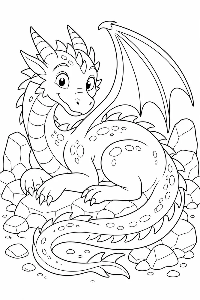 Dragon Dragon Curled Beside Rocks coloring page