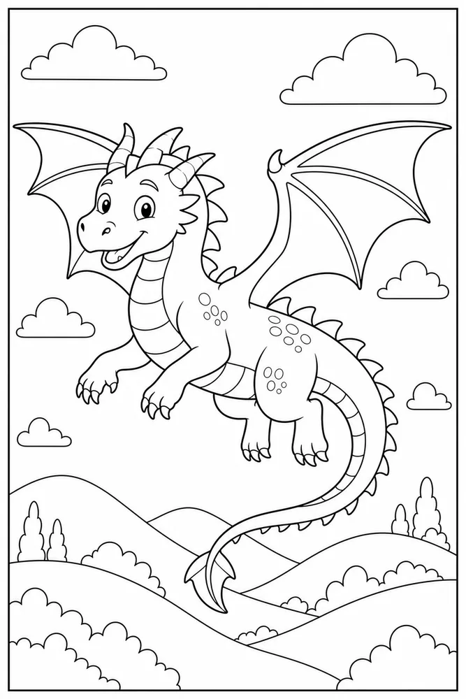 Dragon Dragon Flying Over Hills coloring page