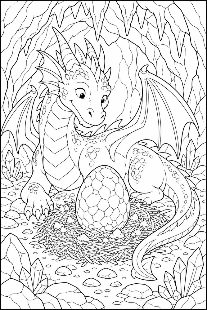 Dragon Egg Cave Nest printable coloring page preview with clean line art.