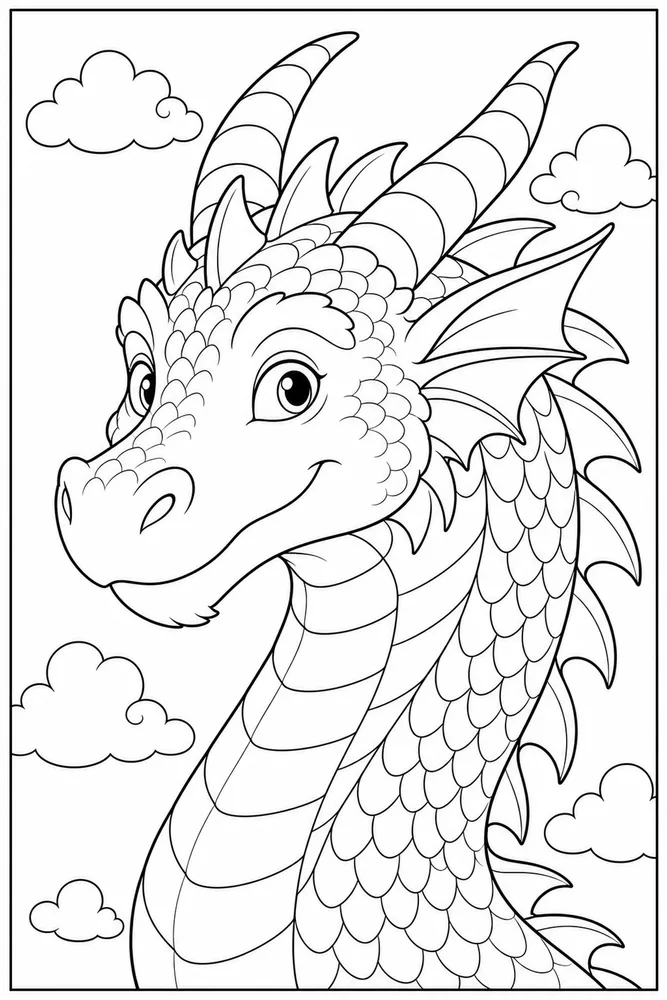 Dragon Head Head With Clouds coloring page