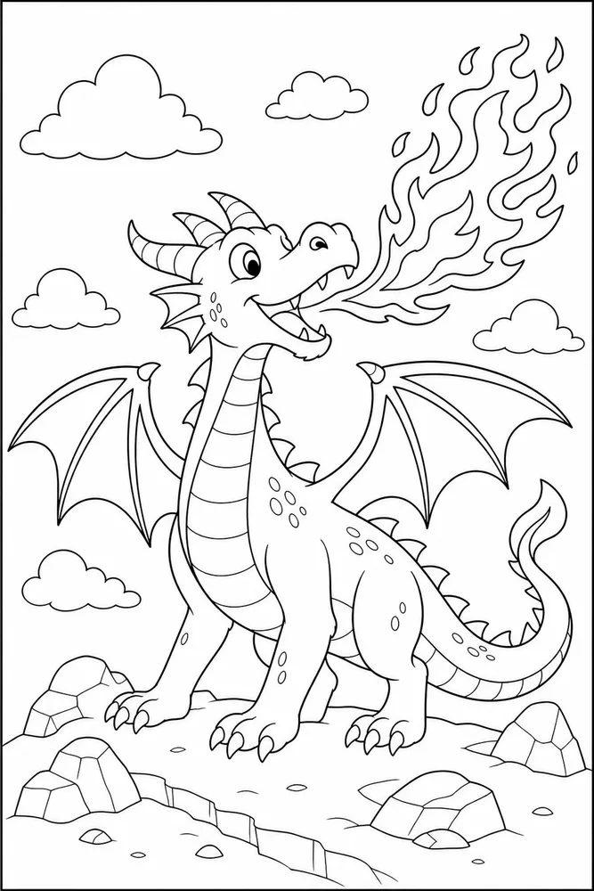 Fire Dragon Breathing Fire Safely coloring page