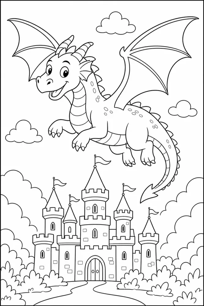 Flying Dragon Above Castle coloring page