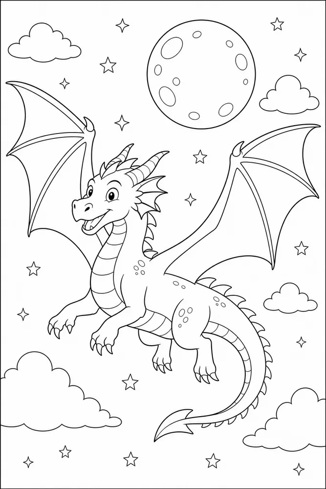 Flying Dragon Moon Sky coloring page