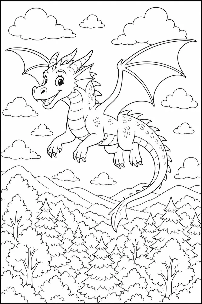 Flying Dragon Over Forest coloring page